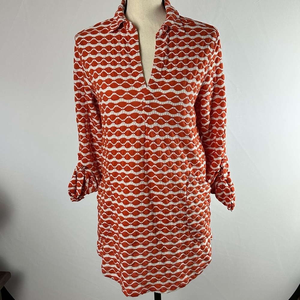 FORCYNTHIA BEACHWARE  orange & white mid-century print beach coverup - size medi